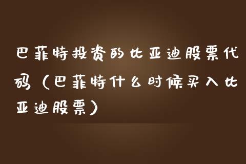 巴菲特投资的比亚迪股票代码（巴菲特什么时候买入比亚迪股票）_https://www.gzqbddp.com_股票知识_第1张